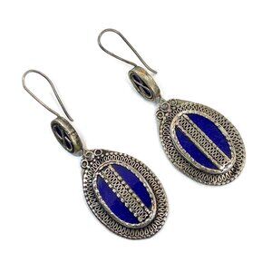 Blue Earrings, Boho, Afghan, Enameled, Big, 3" Long, Vintage, Cobalt Blue